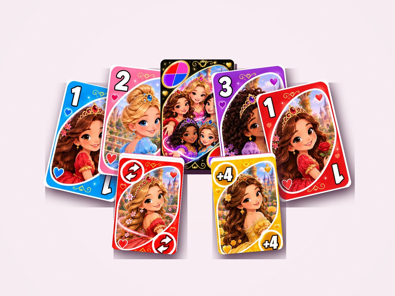 Cartas do Baralho Kids Princesas sobre uma mesa de jogo